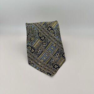Vtg Yves Saint Laurent Silk Tie Geometric Pattern Blue/Yellow 3.5"x56" Preppy